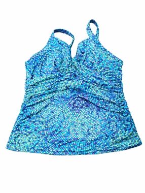 Lands’ End Blue Green Mosaic Tankini Top Ruched Adjustable Strap Size 24W DDD